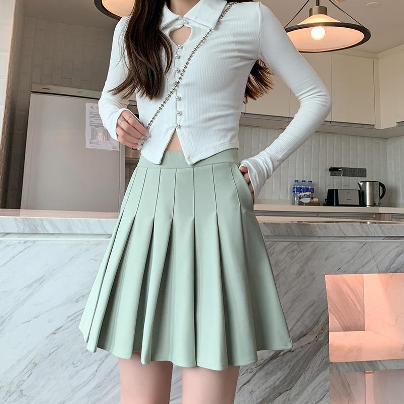 

Elastic Waist Skirt for Women Spring and Summer Pocket Style Pleated Skirt Spring and Summer New High Waist Short Skirt for Small People XXL зелений
