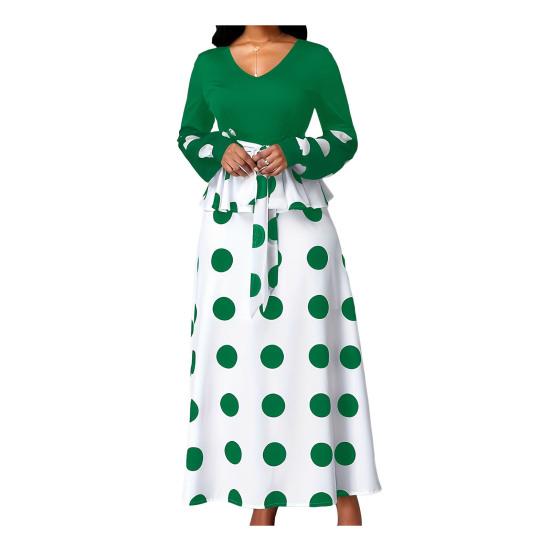 

2024 Женское платье с V-образным вырезом, соответствующего цвета, с точечным принтом, из двух частей, с рюшами, в стиле пэчворк, с длинным рукавом, на шнуровке, с высокой талией, женское платье макси на весну и осень 2XL зелёный