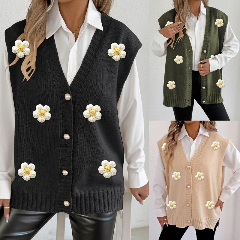 Women's Vest Autumn and Winter Vest Pearl Button Cardigan Hand Crochet Flower Patchwork Sweater Vest
