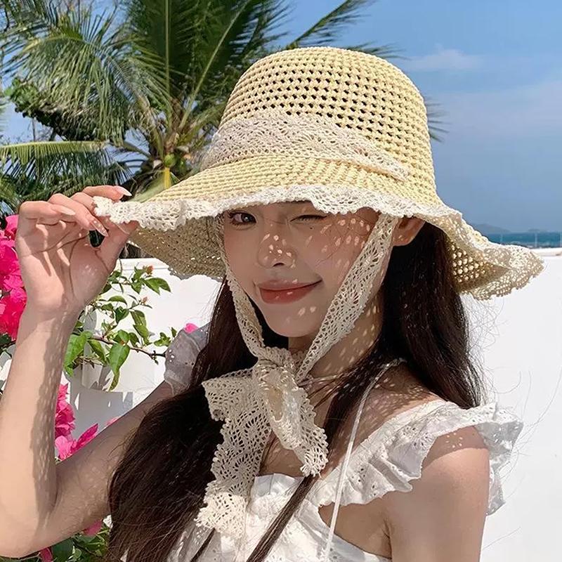 1Pieces Women Lace Visors Hat Wide Large Brim Beach Hats Summer Straw Hat Foldable Sun Hat Fashion Mountaineering Scarf