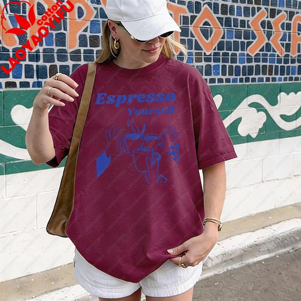 Espresso Yourself Coffee Graphic Shirt Retro 70s Typography Funny Coffee Pun Print Barista Aesthetic Casual Tee Unisex Unisex Tops