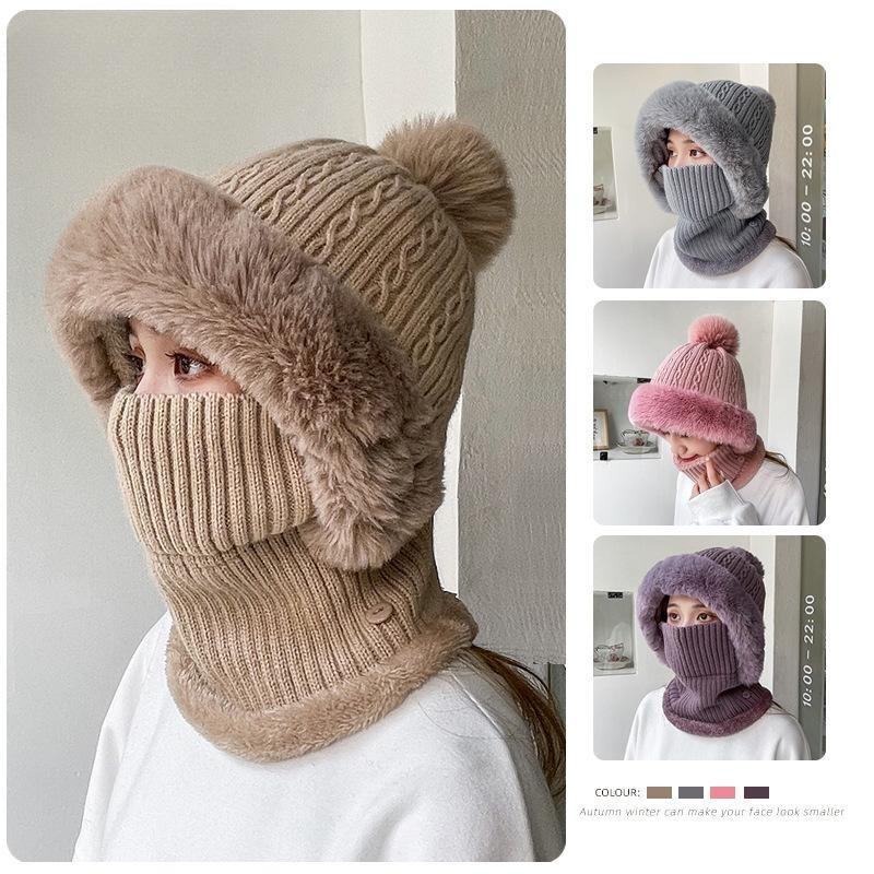 Winter Twist Pattern Knitted Hat, Velvet Warm Scarf, Integrated Pullover Hat, Cold-proof Wool Hat, Women