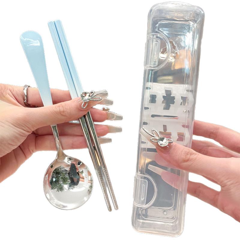 Stainless Steel Portable Cutlery Set Spoon Chopsticks Student Travel Korean Style Portable Cutlery Set With Box Kitchen Supply