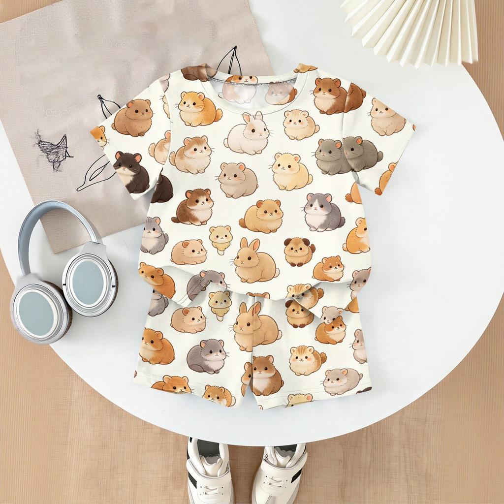 Kids Casual Short Sleeve Top and Shorts Set Animal Print Lightweight Comfortable Summer Outfit for Boys and Girls Soft Fabric