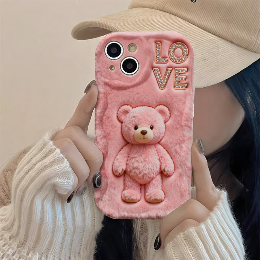 Cute Pink Teddy Bear & Love Pattern Phone Case For Samsung Galaxy S26 Ultra S25 S24 S23 S22 S21 S20 Plus A56 A54 A53 A16 Cover