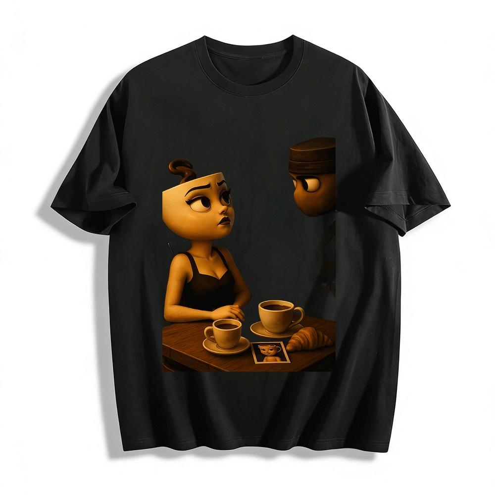 Anthropomorphic Coffee Cup Couple Fun Print T-Shirt Pure cotton T-shirt XXS