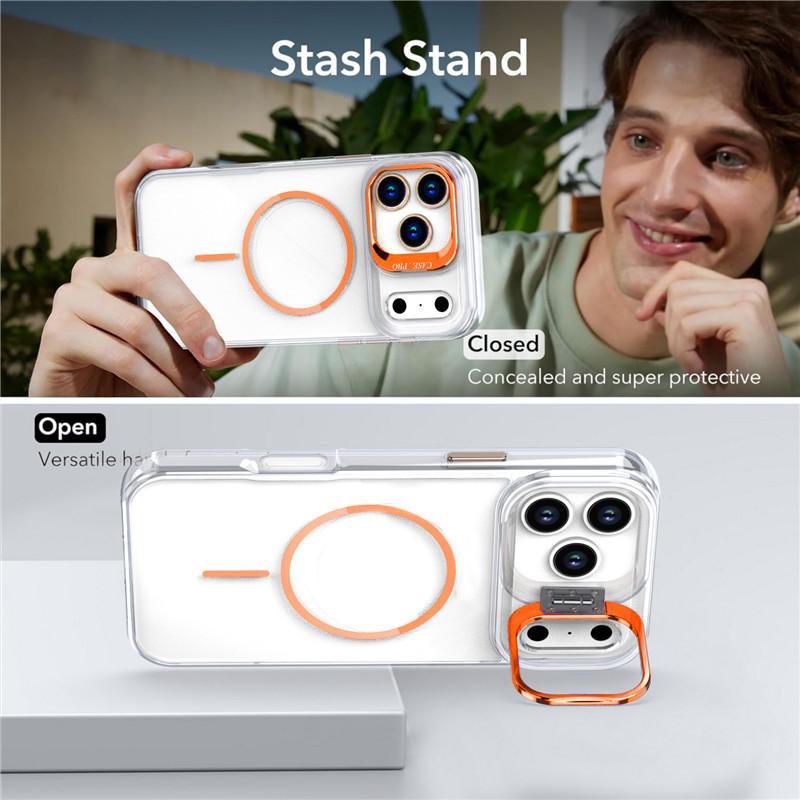 The new model is suitable for iPhone17Pro Max mobile phone case, Apple 16Pro bright color transparent magnetic bracket protective case.