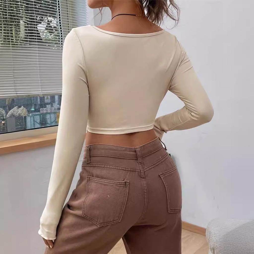 Women's Spring Summer Slim Front Twist Long Sleeve T-Shirt