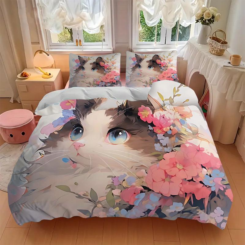 3pcs Artistic Appealing Cat & Flowers Print Bedding Set (1 Cover + 2 Pillowcases, Without Inserts), This Printed Bedding Set is Soft and