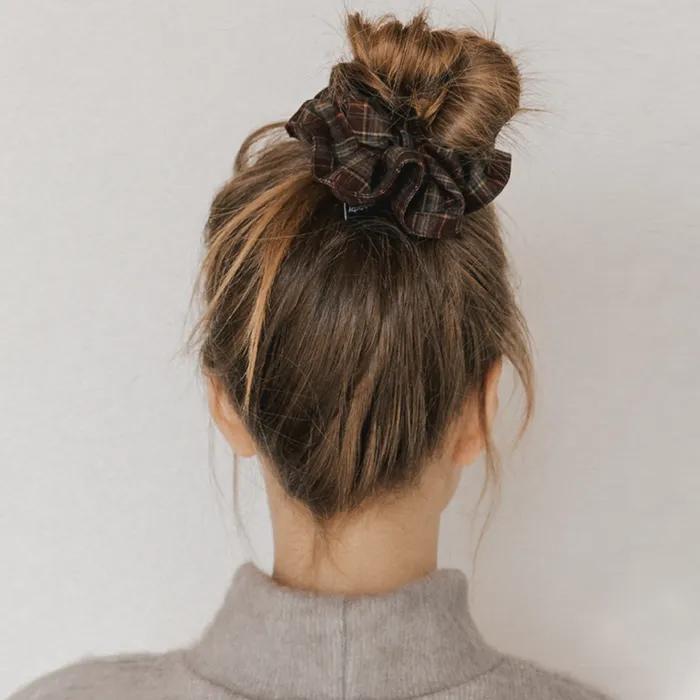 Vintage Check Plaid Scrunch - Wine Brown