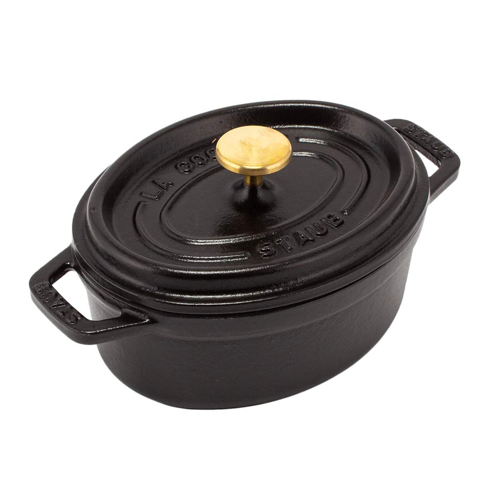 Staub Pico Cocotte Black Enameled Pot with Oval Brater Stylish Pico Kitchen Oval, 15cm, (Product Number 1101525/40509-478-0) - Handles, Black.