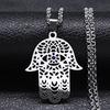 Islamic Hand of Fatima and Evil Eye Pendant Necklace Stainless Steel Blue Crystal Hamsa Hand Necklaces Islam Woman Jewelry Gifts