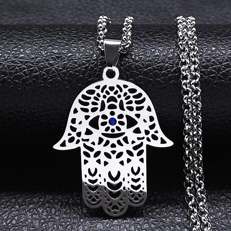 Islamic Hand of Fatima and Evil Eye Pendant Necklace Stainless Steel Blue Crystal Hamsa Hand Necklaces Islam Woman Jewelry Gifts