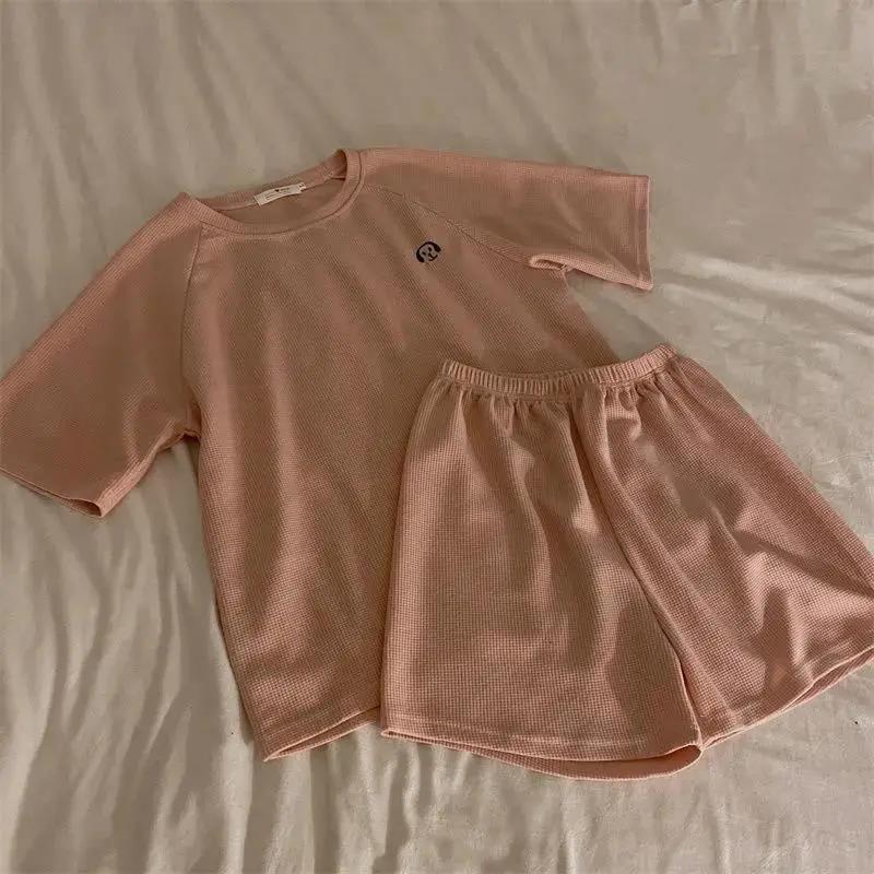 WTEMPO Casual Waffle Fashion Suit Women Summer Oversize Korean Short-sleeved T-shirt + Shorts Letter Embroidery 2pcs Sets