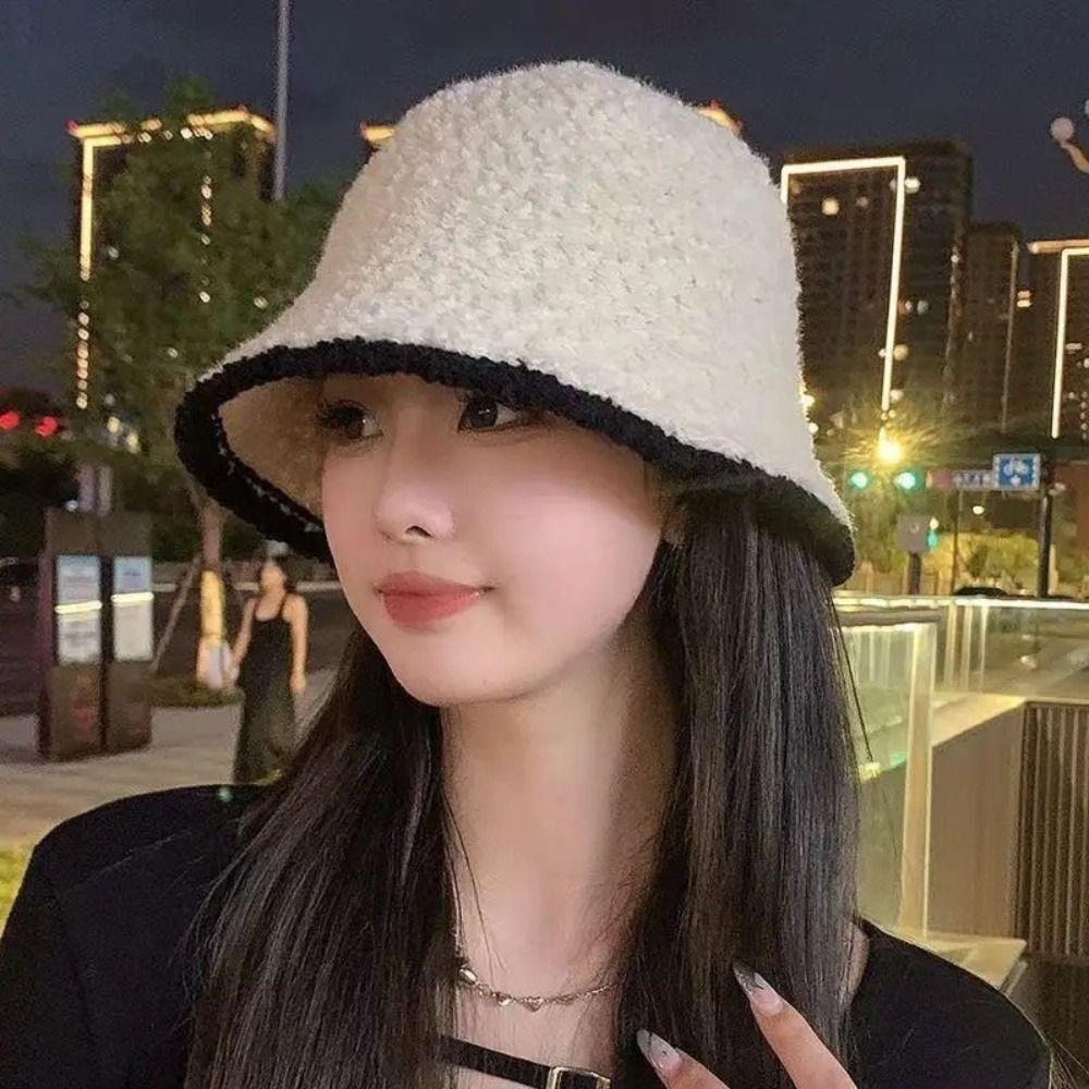 Windproof Knitted Bucket Hat Warm Women Fisherman Hat Fashion Wool Basin Cap Shopping Travel