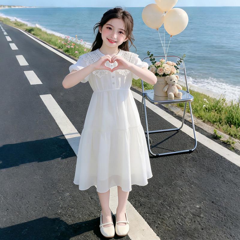 Girls Summer White Princess Dress with Fairy Doll Collar 130 cm