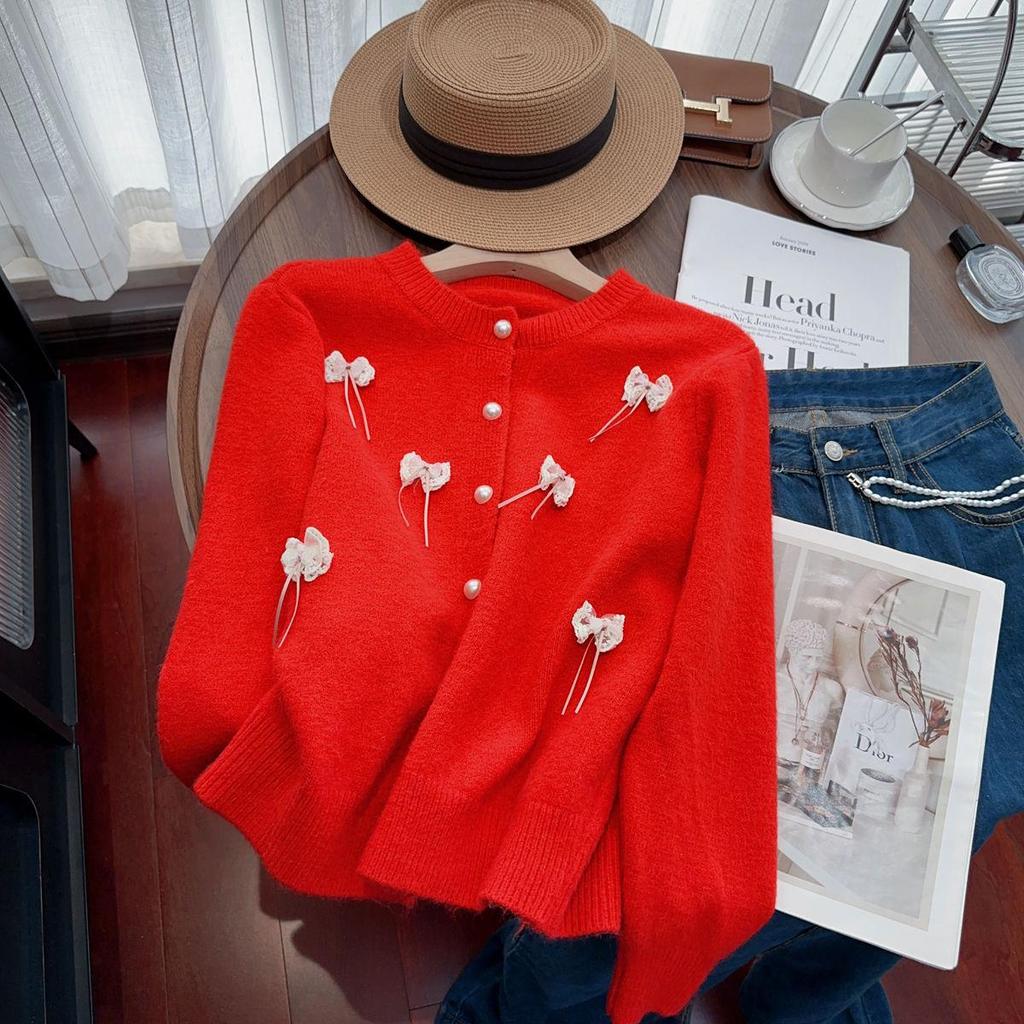 Fragrant Style Women's Bow Sweater Coat - Loose Round Neck Knitted Cardigan for Spring & Autumn 2025