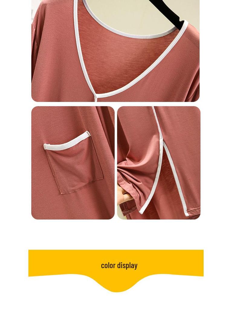 Women's Loose Modal V-Neck Summer Dress with Short Sleeves, Pocket, and Lightweight Design for Home or Outdoor Wear.