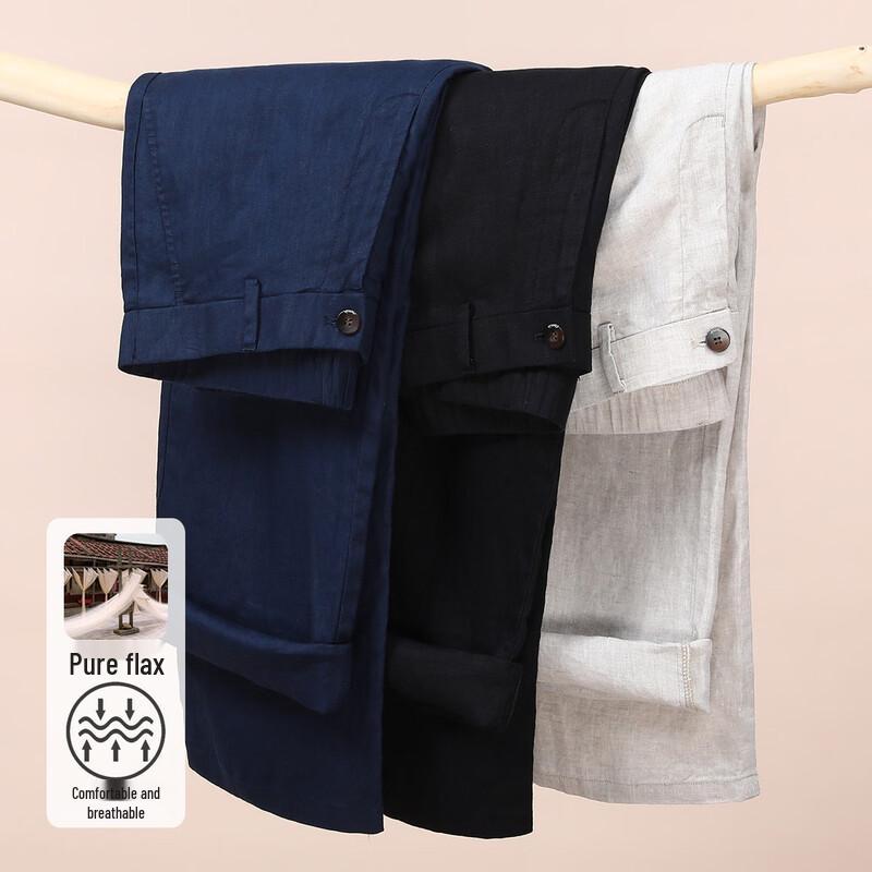 SHANSHAN Men s 100% Linen Semi-Elastic Waist Casual Trousers 41