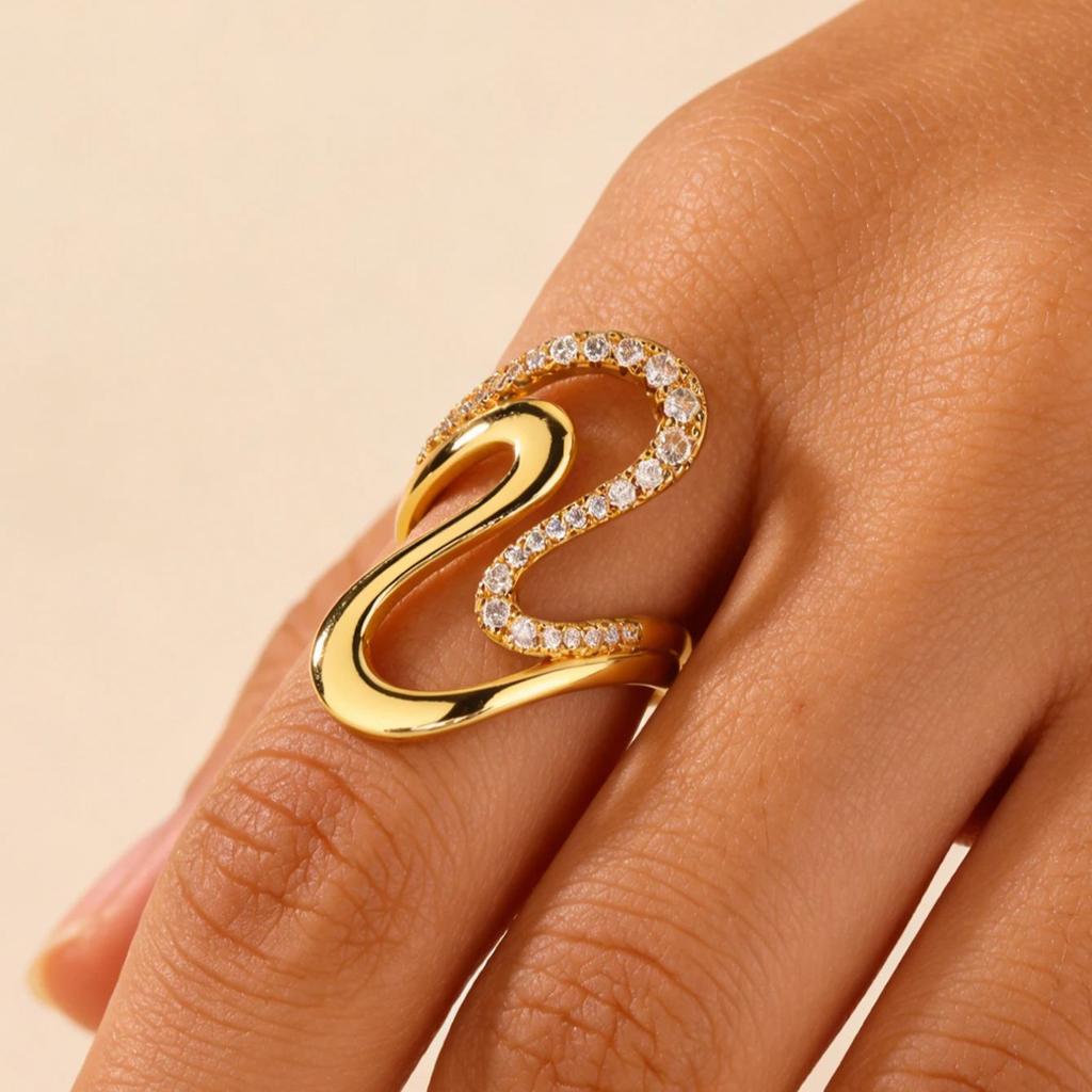 Vintage Wave 8-shaped Cubic Zirconia Stainless Steel Ring 18K Gold-plated Rings for Women Wedding Prom Jewelry Anniversary Gift