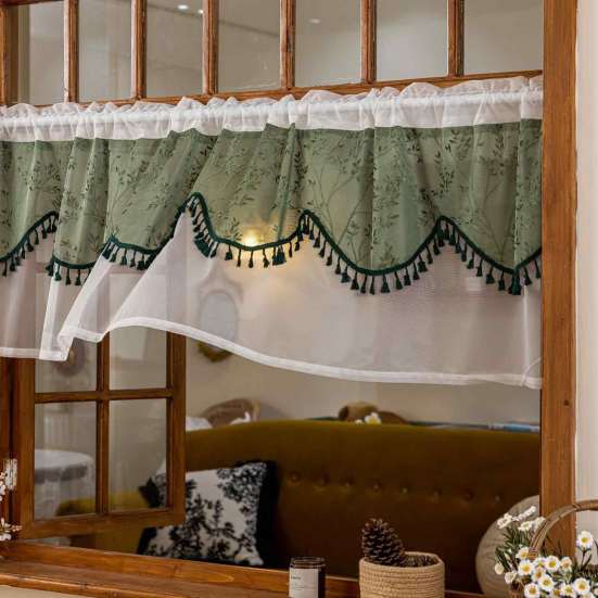 Polyester Tulle Window Valance Jacquard Lace Curtain, 39 Inch Vintage Embroidered Floral Valance, Semi Light Filtering Small Panel Sheer Swag with Rod