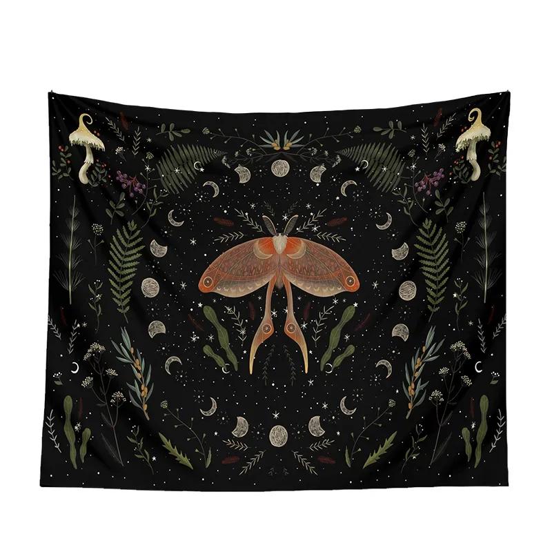 VIKAMA Moth and Mushroom Forest Tapestry Psychedelic Dark Botanical Wall Art Suitable for Living Room Bedroom Study