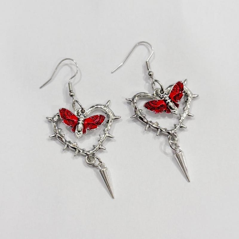 Gothic Punk Moth Rivet Heart Thorns Earrings