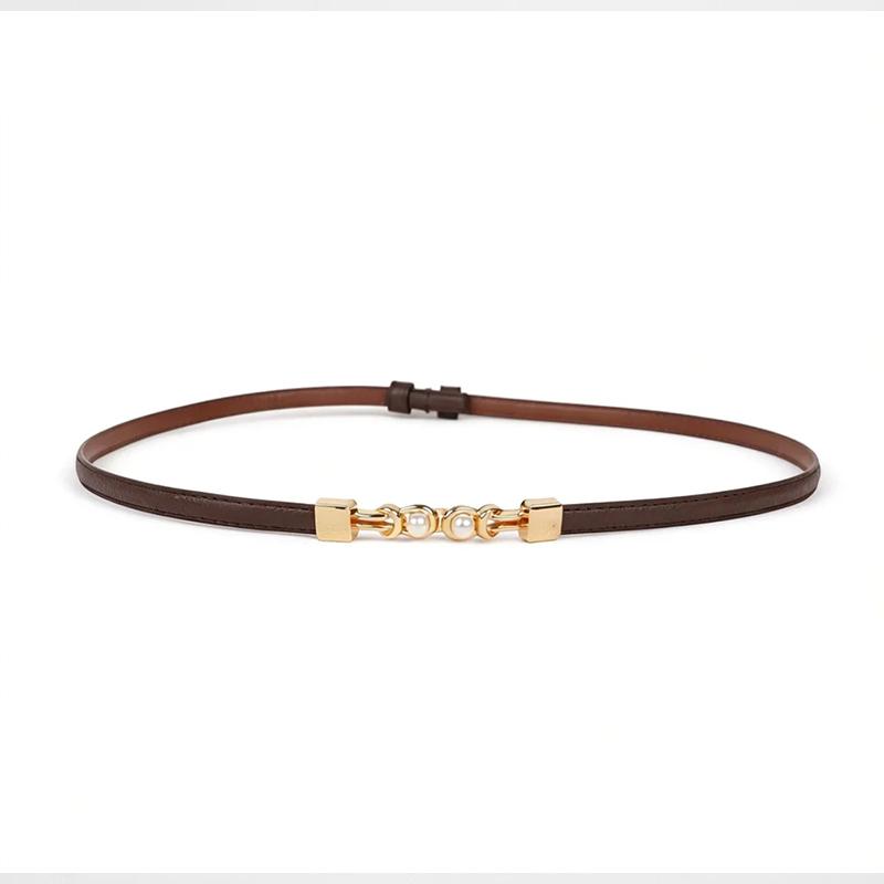 

Women S Versatile And Sophisticated Thin Belt With Buckle Stylish Waist-Cinching Pearl Leather Belt one size кофейный