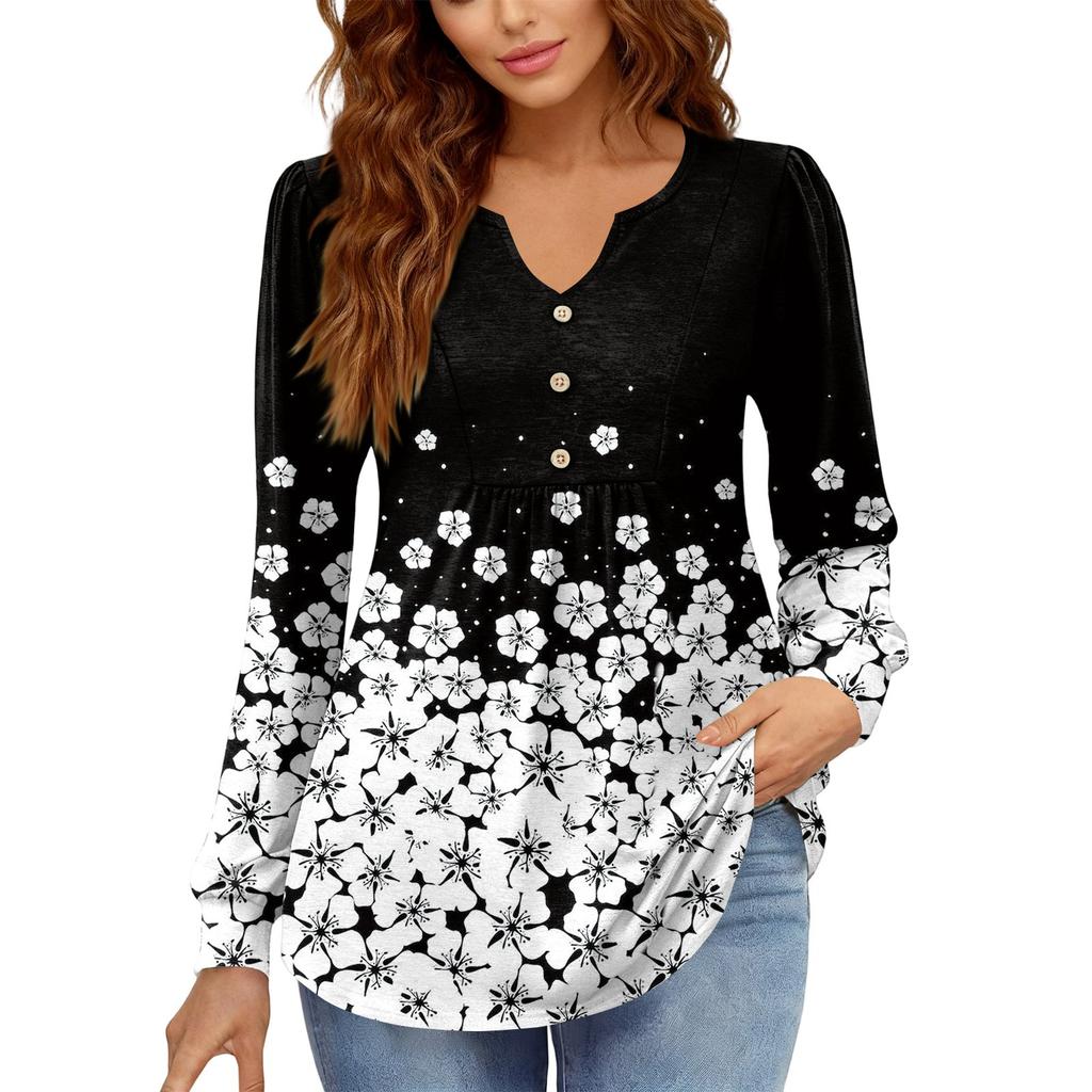 Γυναικείο Χαλαρό, V-λαιμόκοψη, Ρετρό Χρώμα, Μπλοκ με Φλοράλ Σχέδιο, Μακρυμάνικο Πουλόβερ T-shirt