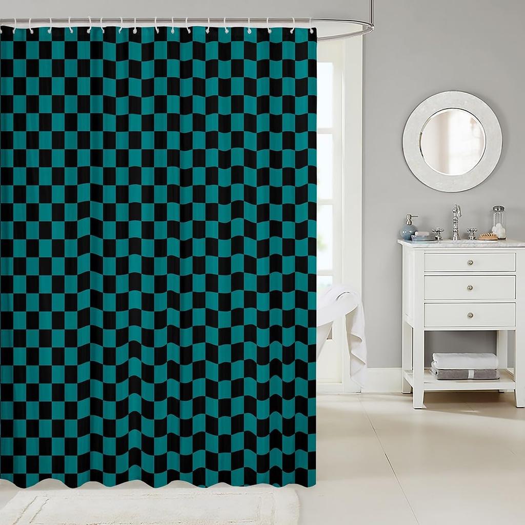 1pc Kids Teal Checkerboard Shower Curtain for Bathroom Decor 72" L x 72" W Plaid Geometric Bath Curtain for Boys Girls Retr
