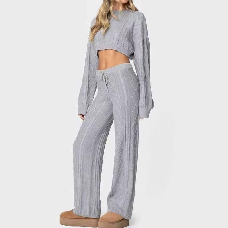 Fashion Wind Loose Knitting Crop Top Top and Trousers Suit Knitted Crop Top and Pants Set