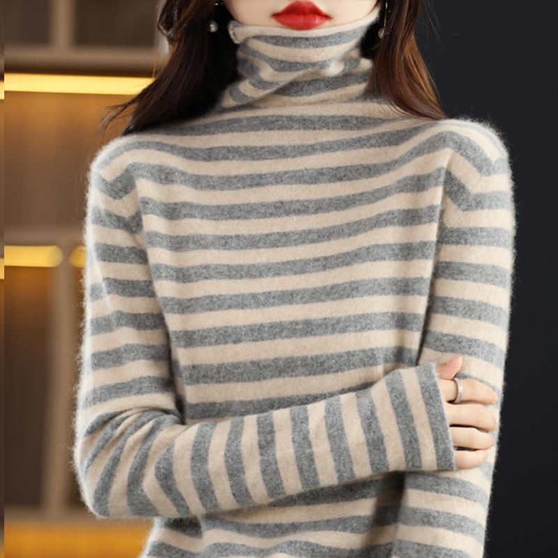 Women Sweaters Pullovers 2025 Autumn Winter Long SleeveTurtleneck Black Striped Knitted Sweater Women Tops Pullover JJ66