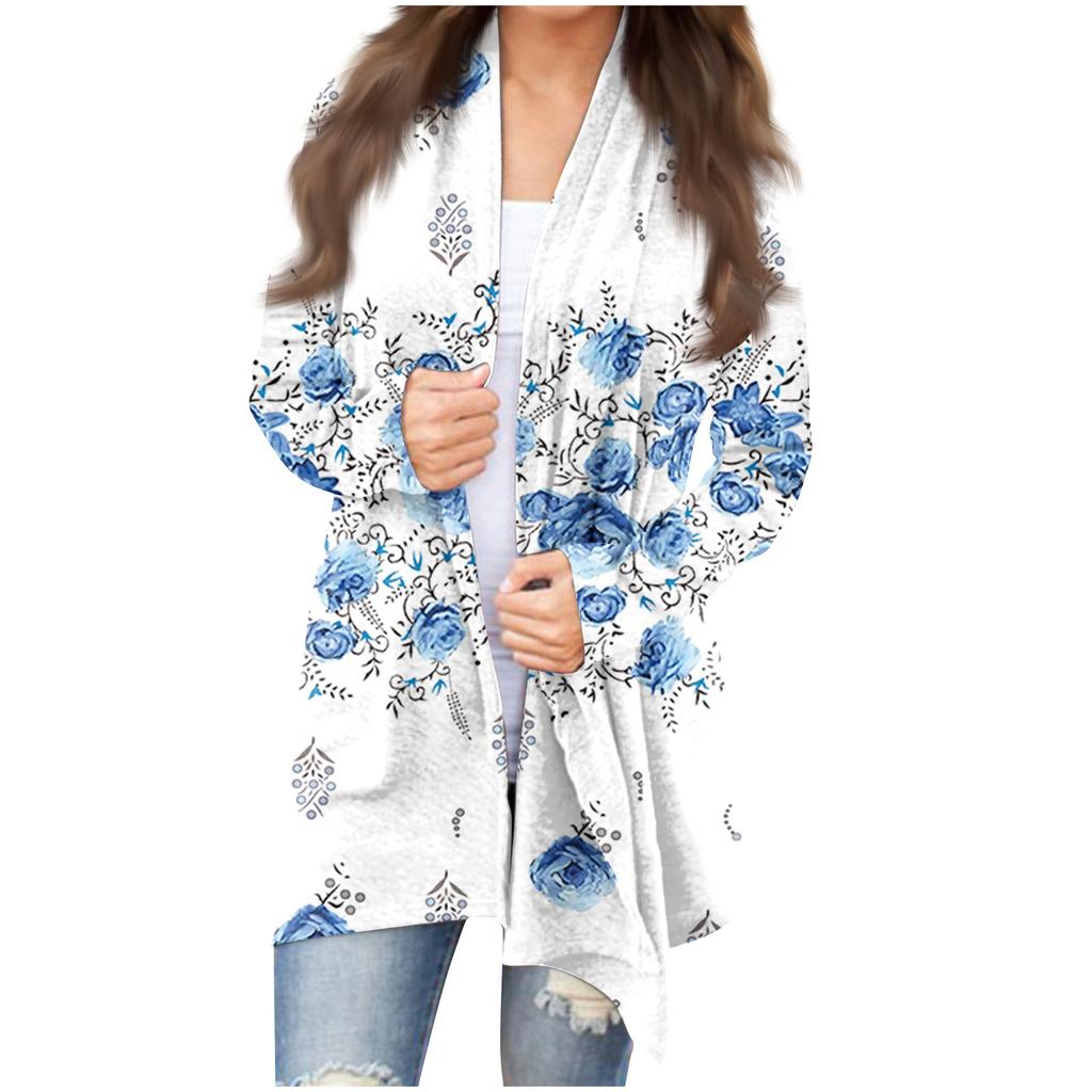 Modischer, lässiger, mittellanger Cardigan-Jackenmantel mit Blumendruck für Damen