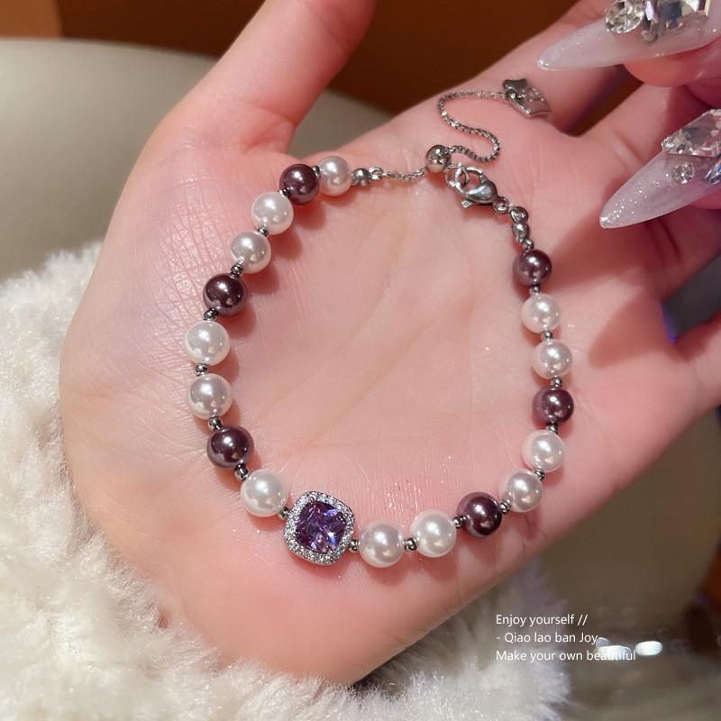 Französisches Vintage Zirkon Quadrat Perlenarmband im geometrischen Stil für Damen Geschenk