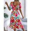 New Women's Floral Print Square Neck Dress, Short Sleeve A-Line Midi Dress with Ruffle Hem & Tie Waist for Spring Summer Casual Party & Daily Wear