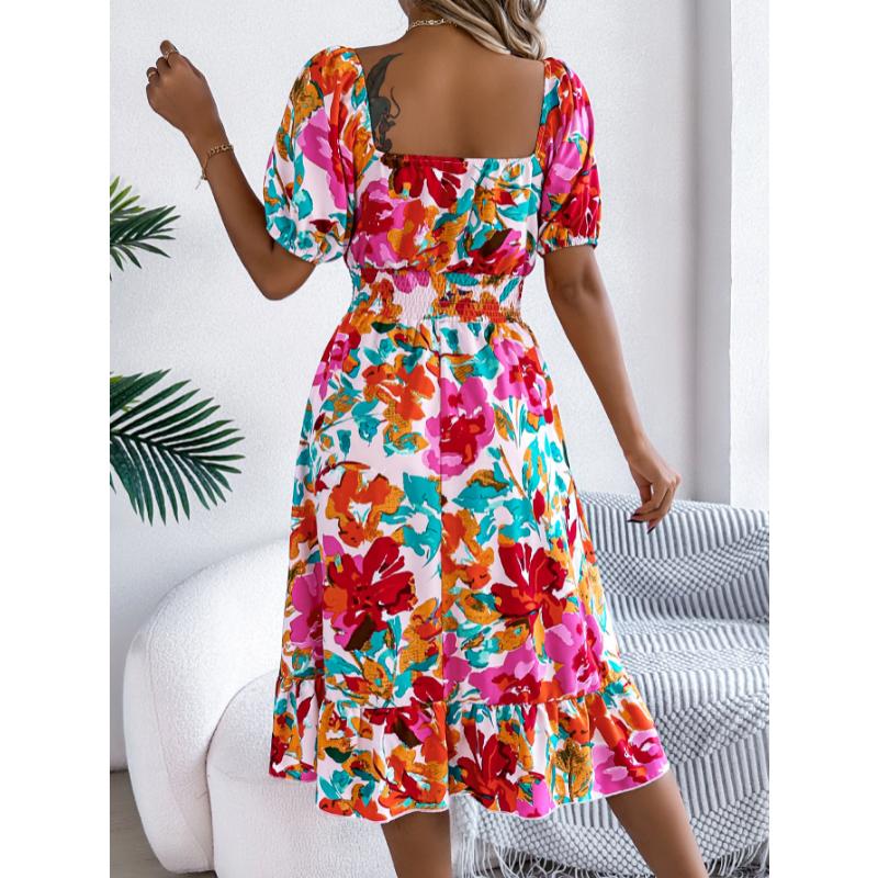 New Women's Floral Print Square Neck Dress, Short Sleeve A-Line Midi Dress with Ruffle Hem & Tie Waist for Spring Summer Casual Party & Daily Wear