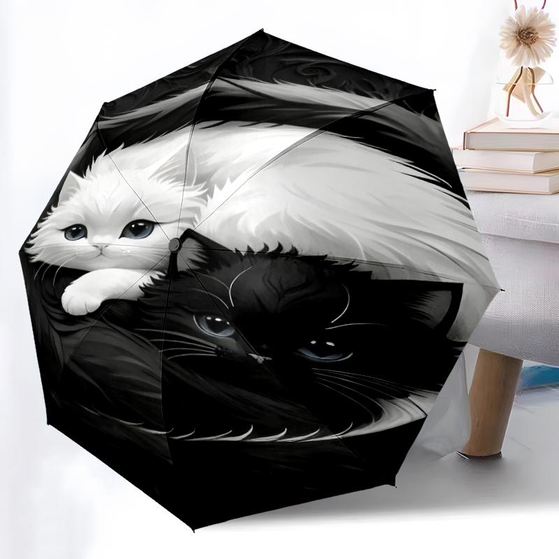 

1pc Sturdy 8-Bone Auto Umbrella, Black Cat and Purple Flower Umbrella, Digital Printed, Foldable Umbrella for On-the-Go Outdoor Use