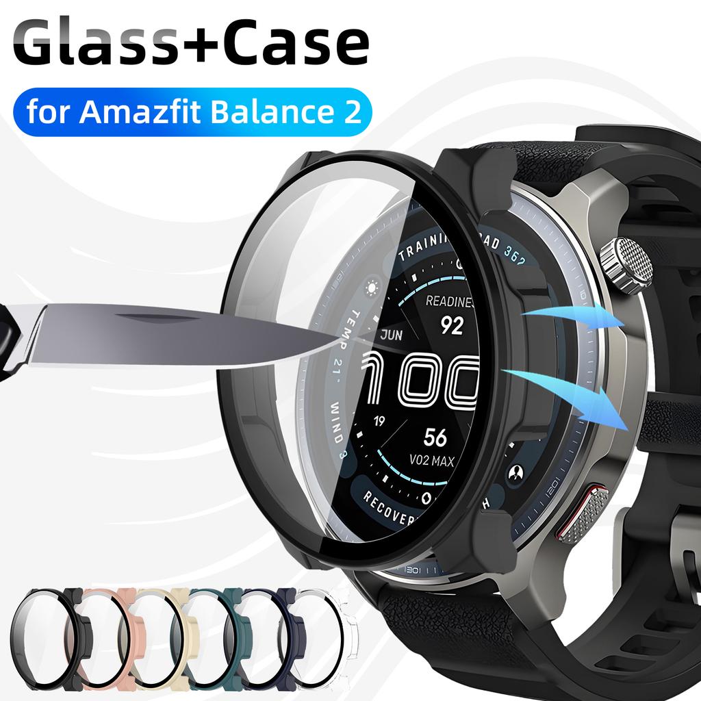 Vidrio+Funda para Amazfit Balance 2 Protector de Pantalla de Vidrio Templado y Parachoques Protector de PC Duro para Accesorios de Amazfit Balance2