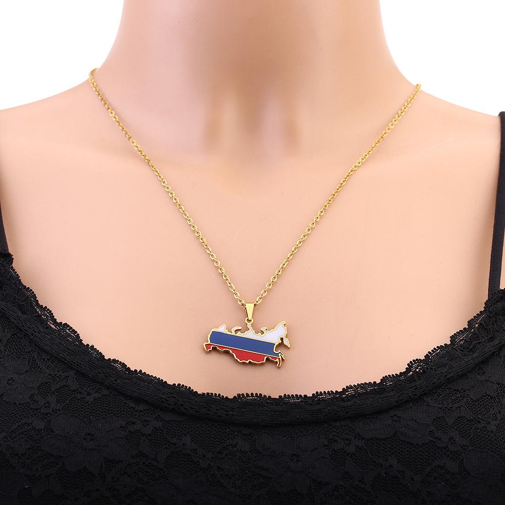 Russia Map Flag Pendant Necklace Stainless Steel Patriotic Jewelry for Men Women