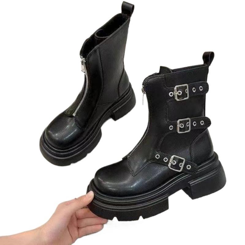 Women Mid-calf Boots Fashion Belt Buckle Designer Women Boots Round Toe Platform Boot Retro Casual Leather Boots for Women Botas