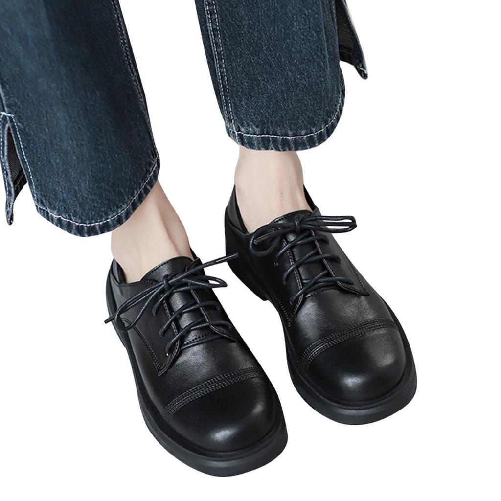 Mode Damen Einfarbige Kunstleder Quadratische Absätze Schnürung Runde Spitze Freizeitschuhe Damenschuhe Flip-Flops