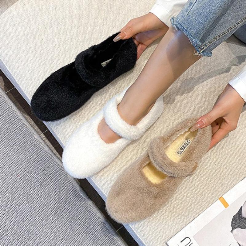 Fashion Autumn Winter Warm Fluffy Flat Shoes Women Comfort Round Toe Mary Jane Shoes Ladies Soft Cotton Shoes Loafers Zapatos De Mujer