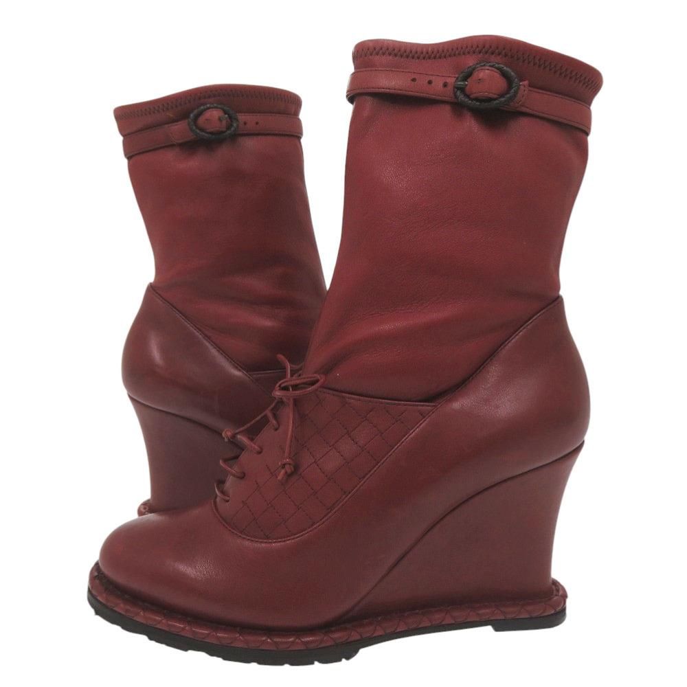 Used AUTHENTIC BOTTEGAVENETA Intrecciato Stitch Wedge Ankle Boots size 36 red Leather