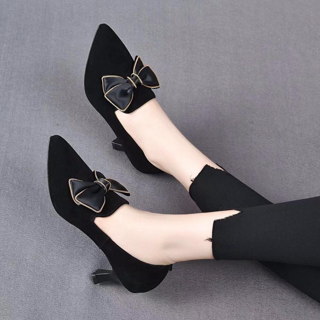 Fashion pointed deep mouth single shoes spring new bow rhinestone sheepskin one pedal middle heel single shoes
