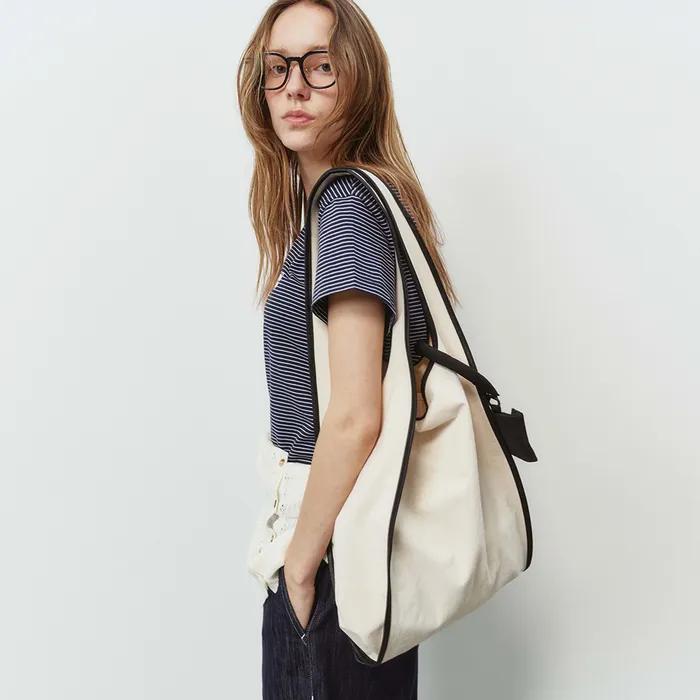 Leather Trim Canvas Shoulder Bag