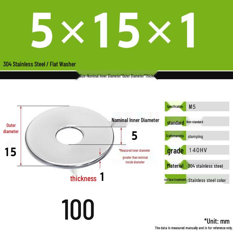 304 Stainless Steel Thickened Flat Washer Set, Sizes 2-36