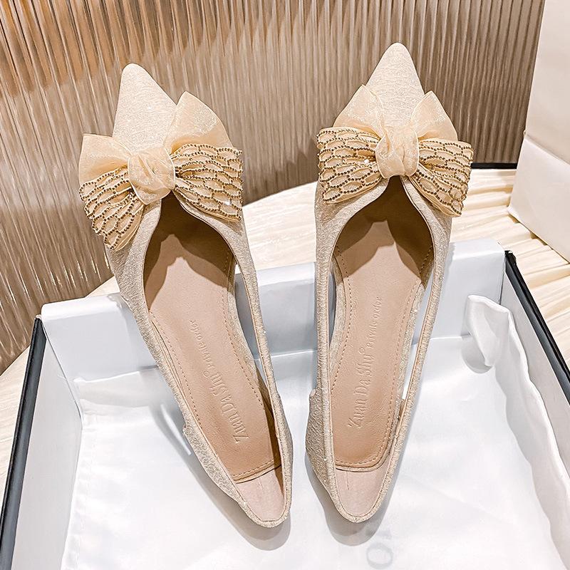 Fashion 2025 Bling Bling Fabric Flats Women Lace Bowknot Ballet Shoes Ladies Cut-Out Loafers Spring Slip On Office Dress Mocasines Mujer