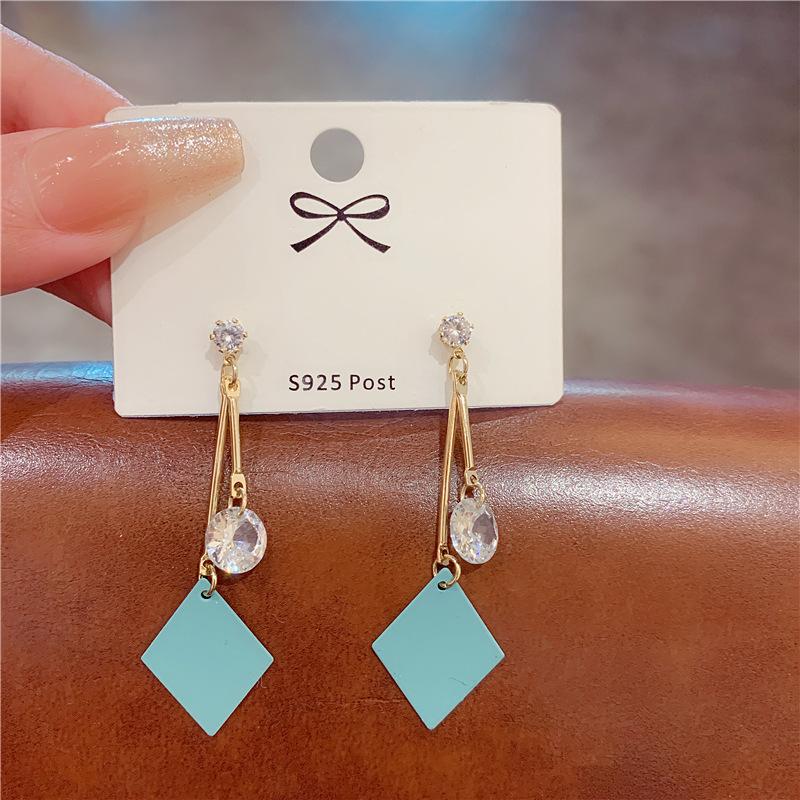 Temperament Silver Needle Geometric Rhombus Tassel Earrings Women, Zircon Water Drop Earrings Earrings 925 silver needle