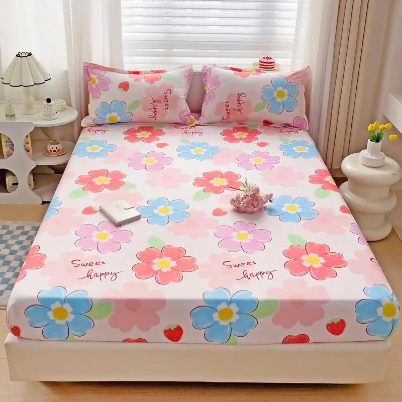 Pink Blooming Flowers Pattern Fitted Sheet Set 3Pcs Romantic Skin Friendly Comfortable Soft Mattress Cover with Elastic Band