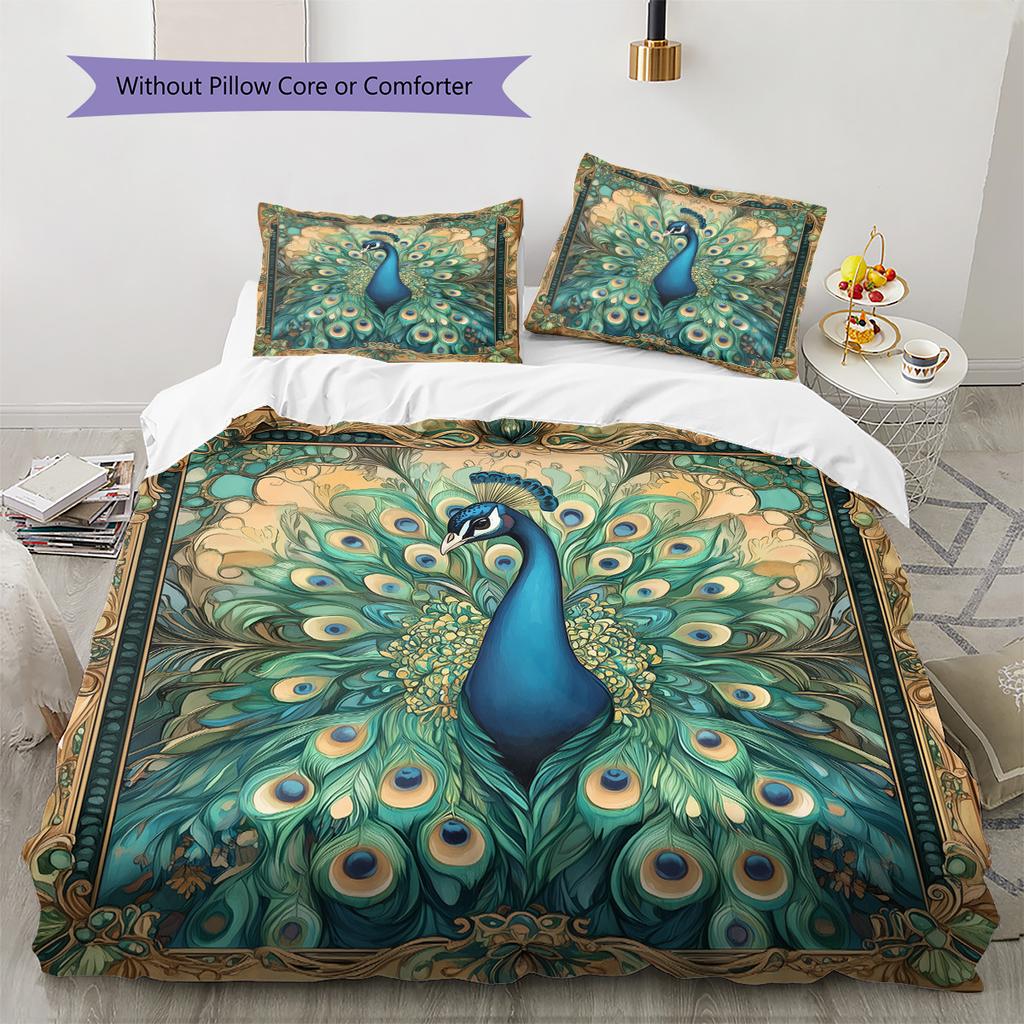 Peacock Displaying Its Tail Pattern Bedding Quilt Set Quilt Cover Pillowcase Home Decoration Gift (1 * Duvet Cover + 2 * Pillowcase, Without Core)